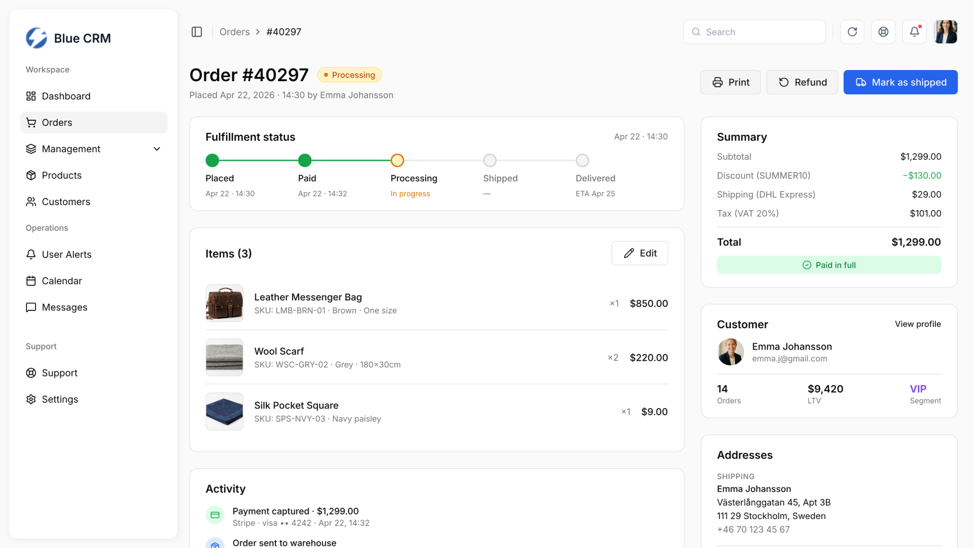 Blue CRM – order detail with fulfillment status, items, payment summary, customer and addresses